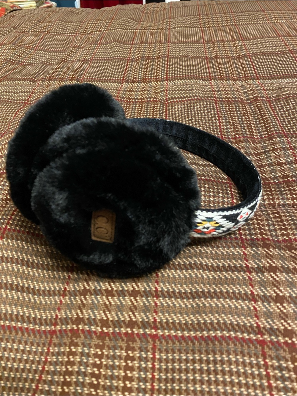 CC Black Faux Fur Ear Muffs with Patterned Headband NWOT